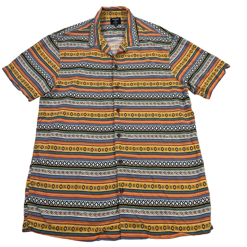 PacSun Camp Shirt Mens Medium Southwestern Aztec Stripe Recycled Rayon Button Up